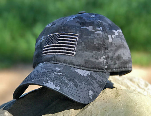 Digital Grey Camouflage USA American Flag Polo Baseball Cap Dad Hat